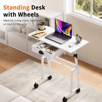Honkazita Height Adjustable Standing Desk with Storage Drawer, White | Rolling Desk for Treadmill Walking Pad, Small Sit-Stand Desk with Lockable Wheels, Height Range 31.5"-43.3", Stable Design - color: White