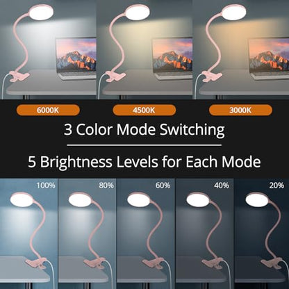 iFalarila Reading Light with Remote, LED Desk Lamp Clip on [1H Timer & Nightlight] RA>95 Dimmable Flexible Gooseneck, Reading Lamp with Clamp for Table - 3.5'' (Adapter Included) - style: 3.5'' Pink