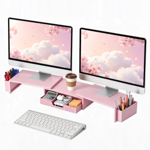LEKETREE Dual Monitor Stand Riser with Drawer, Desk Organizer and Accessories, Monitor Stand for Desk, Desktop Stand for Computer, Laptop, TV and More (Pink) - color: Pink