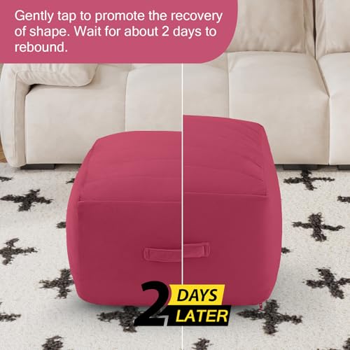 MeMoreCool Square Stuffed Pouf Ottoman Foot Rest, Floor Pouf Foot Stool with Foam Chunk Filling, Soft Stuffed Ottoman Footrest for Living Room - color: Striped Magenta