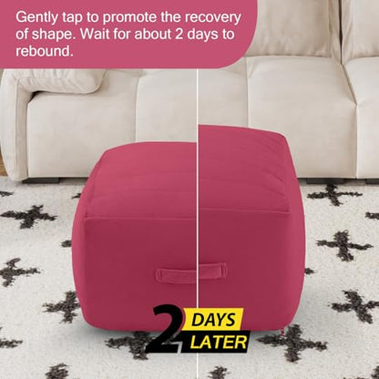 MeMoreCool Square Stuffed Pouf Ottoman Foot Rest, Floor Pouf Foot Stool with Foam Chunk Filling, Soft Stuffed Ottoman Footrest for Living Room - color: Striped Magenta