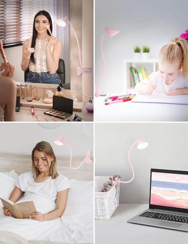 LiFMIRA Pink Small Desk Lamp Clip on LED Reading Light for Bed | 3 Color Modes 10 Dimmable Brightness, Book in Bed Headboard, Flexible Reading Lamp with Clamp BL08 - color: Pink