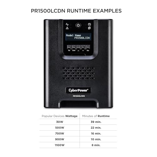 CyberPower PR1500LCDN 15A Smart App Sinewave UPS Battery Backup and Surge Protector, 1500VA/1500W, 8 Outlets, AVR, Mini-Tower, Pre-Installed RMCARD205, UL Certified | 1500VA/1500W, 8 Outlets, AVR, Mini-Tower, Pre-Installed RMCARD205, UL Certified - size: