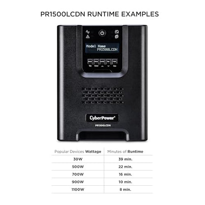 CyberPower PR1500LCDN 15A Smart App Sinewave UPS Battery Backup and Surge Protector, 1500VA/1500W, 8 Outlets, AVR, Mini-Tower, Pre-Installed RMCARD205, UL Certified | 1500VA/1500W, 8 Outlets, AVR, Mini-Tower, Pre-Installed RMCARD205, UL Certified - size: