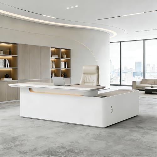 79" L-Shaped Executive Desk with Storage Credenza, Swivel Power Hub, 2" Thick Desktop and LED Accent Light, Modern Office Desk with File Drawer and Open Shelves, Left Return, Cream White & Light Oak