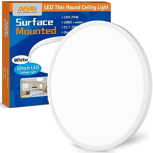 Allsmartlife LED Flush Mount Ceiling Light Fixture, 12inch 24W 2880lm CCT 3000K/4000K/6500K Thin Round Flat Panel Light Surface Mount for Kitchen, Bedroom, Laundry. Dimmable Ceiling Lamp - color: White, size: 12inch 1-Pack