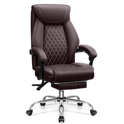 BestGlory Office Chair, Executive Leather Chair Adjustable High Back, Computer Desk Chair Lumbar Support, Big and Tall Office Chair with Footrest, Comfy Reclining Chair for Home Office - color: Coffee, style: With Footrest