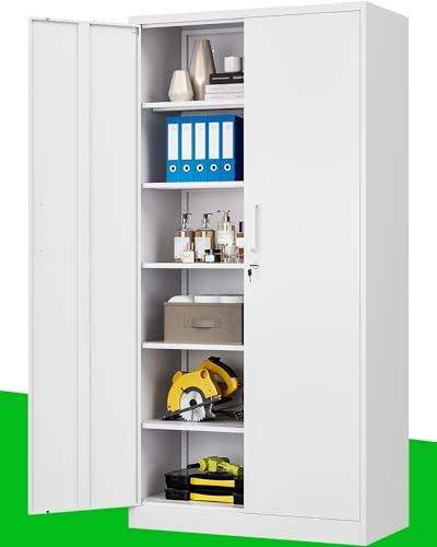 PEUKC Metal Garage Storage Cabinet, 71-inch Tool Storage Cabinet with Adjustable Shelves & Locking Doors for Garage,Office,Home,School,Gym Storage (White) - color: White, size: 71'' Pull Handle