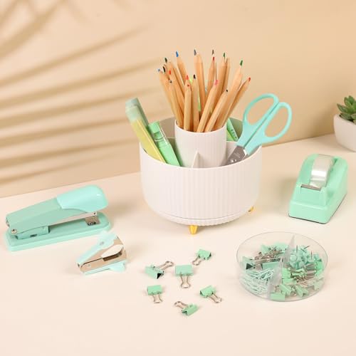 SKYDUE Teal Office Supplies Set, Office Desk Accessories 10Pcs, Pencil Holder for Desk, Stapler, Tape Dispenser, Scissors, Clips and 1000pcs Staples, School Supplies for Teacher - color: Teal