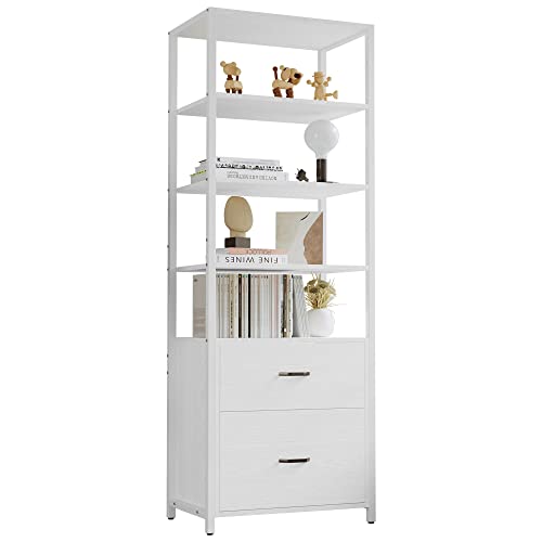 IRONCK Industrial Bookcase with File Cabinet Drawers, 71.6 in Tall Bookshelf 5 Tier, Freestanding Storage Home Office Cabinet Organizer, Rustic Home Decor, White - color: White