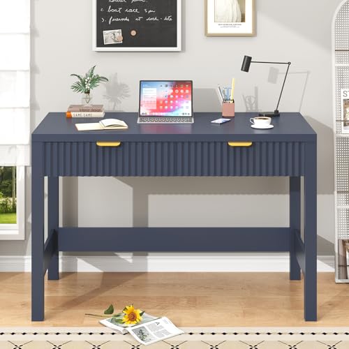 39 Inch Small Fluted Computer Desk with 2 Drawers for Bedroom, Home Office - color: Blue, size: 39 Inch Desk