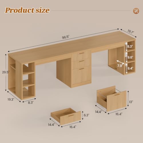SEDETA Fluted 96.5" 2 Person Computer Desk with Storage Drawers - color: Fluted Natural