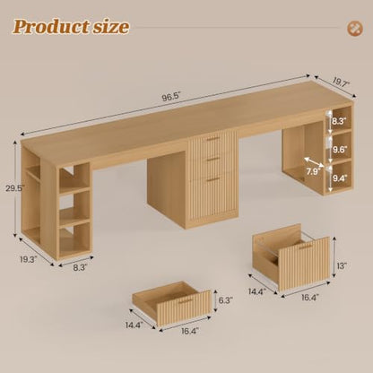 SEDETA Fluted 96.5" 2 Person Computer Desk with Storage Drawers - color: Fluted Natural