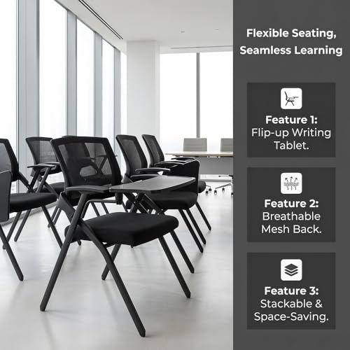 Folding Chair with Desk Attached & Cup Holder- Foldable Arm Chair for Training & Classroom - Conference Room Mesh Back Guest Chair with Padded Seat- Portable Flip-Top Desk Chair for Office Meeting - color: With Writing Tablet