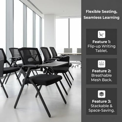 Folding Chair with Desk Attached & Cup Holder- Foldable Arm Chair for Training & Classroom - Conference Room Mesh Back Guest Chair with Padded Seat- Portable Flip-Top Desk Chair for Office Meeting - color: With Writing Tablet