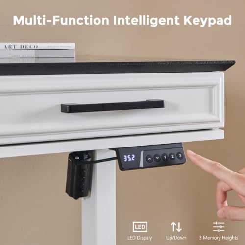 Electric Standing Desk with 3 Storage Drawers, 55x22 Inch Wood Adjustable Height Computer Desk w/One-Piece Desktop, Sit to Stand Up,Power Outlets, Gaming Table for Home Office and Study, White - color: White