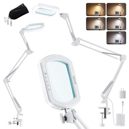10X Rectangle Magnifying Lamp, Large Magnifying Light with 5 Color Modes | Magnifying Glass with light and Clamp, Hands Free, for Close Work, Crafts, Jeweller Repair, Painting, Hobbies - color: White