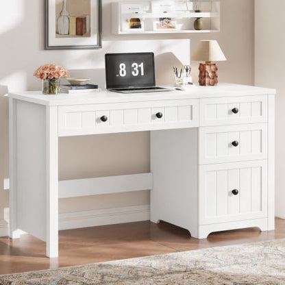 Vabches Farmhouse Executive Desk with 4 Drawers, Home Office Desk with File Drawer, Wood Computer Desk with Storage, Rustic Office Desk for Work Study Writing, Pure White - color: Pure White