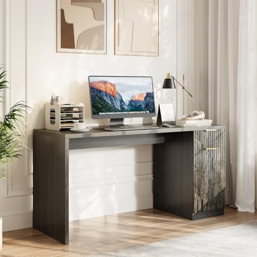 Garvee Executive Desk with Drawer and Power Outlet, 61" Large Farmhouse Computer Desk Home Office Wood Executive Desk with Adjustable Shelf for Work Study Writing, Grey - color: Grey