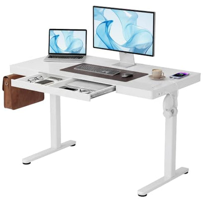 Claiks Touch Screen Glass Standing Desk with Drawers and USB Ports, 48×24 Inch Adjustable Stand Up Desk, Quick Install Home Office Glass Top Computer Desks, White - color: Glass Top Touch Screen, size: 48 inch