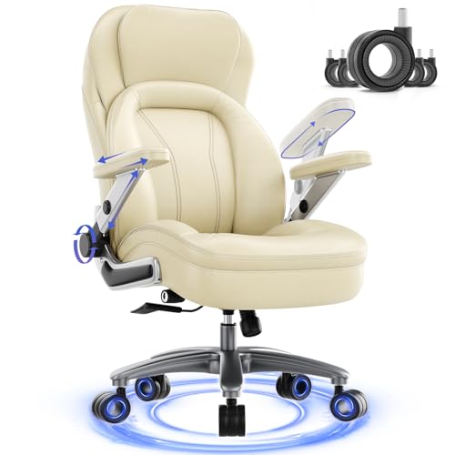 Big and Tall Office Chair, Heavy Duty Desk Chair with 5D Arms, Adjustable Lumbar Support & Height, Tilt Function, PU Leather High Back Ergonomic Executive Computer Chair - color: Beige