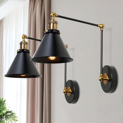 LALUZ Black Wall Sconces Lighting, 2 Pack Modern Industrial Swing Arm Plug in or Hardwired Adjustable Wall Lamp with Antique Brass Finish for Bedroom, Kitchen, and Living Room - size: 12" W Antique Brass