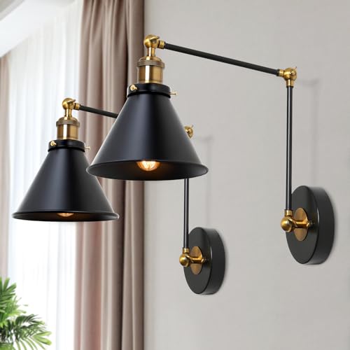 LALUZ Black Wall Sconces Lighting, 2 Pack Modern Industrial Swing Arm Plug in or Hardwired Adjustable Wall Lamp with Antique Brass Finish for Bedroom, Kitchen, and Living Room - size: 12" W Antique Brass