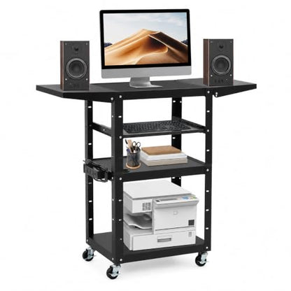 Mobile AV Cart with Power Outlet Adjustable Computer Workstation | Steel Rolling Media Utility Cart with Fold Side Shelves,Pullout Keyboard Tray,Locking Casters for Office Classroom Home - size: 24x18x41.75in