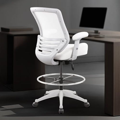 BOLISS 400lbs Mesh Ergonomic Office Drafting Chair Big Adjustable Foot Ring Height Adjustable Armrest (Wht) - color: White