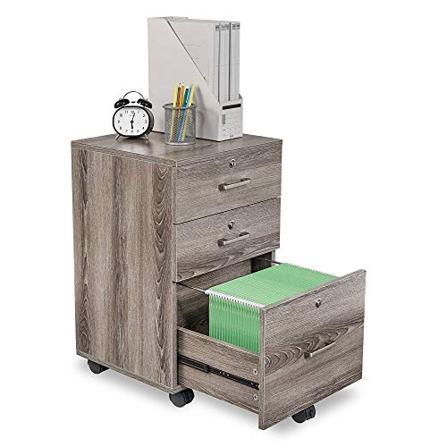 Bonnlo 26"H 3 Drawer File Cabinet With Lock, Rolling Under Desk, Mobile for Home Office, Wood Printer Stand for Letter Size Filings, Assembly Required, Gray Oak - color: Grey Oak