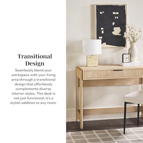 Walker Edison Transitional Office Design, Reeded Drawer Front Detail, Writing Desk with Drawer, Spacious Desktop, Complementary in Living Spaces, 38 Inch, Coastal Oak - color: Coastal Oak