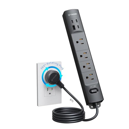 TROND Wall Mount Surge Protector Power Strip with 360 Rotating Plug, 6 ft - color: Black, size: 6FT Rotating Plug