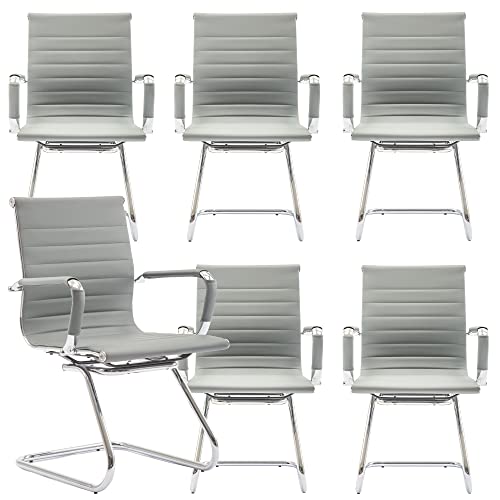 Conference Room Chairs Set of 6, Waiting Room Chairs with Arms, Faux Leather Reception Chairs No Wheels, Office Guest Chairs with Mid Back Support and Chrome Sled Base, Grey - color: Grey, size: 6PCS