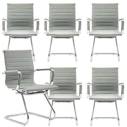 Conference Room Chairs Set of 6, Waiting Room Chairs with Arms, Faux Leather Reception Chairs No Wheels, Office Guest Chairs with Mid Back Support and Chrome Sled Base, Grey - color: Grey, size: 6PCS