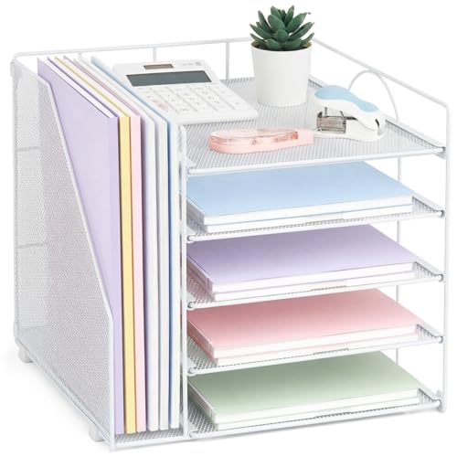LEKETREE Desk Organizers and Accessories, 5-Tier Paper Letter Tray Organizer with File Holder, Desktop Organizer for Office Supplies (White) - color: White, size: 12" x 12" x 12"