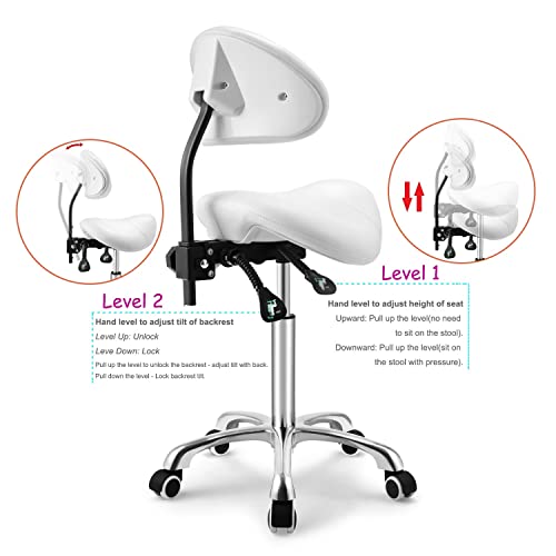 Kaleurrier Saddle Stool with Back Rest,Rolling Saddle Chair for Salon - color: White, style: With Back