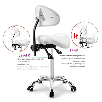 Kaleurrier Saddle Stool with Back Rest,Rolling Saddle Chair for Salon - color: White, style: With Back