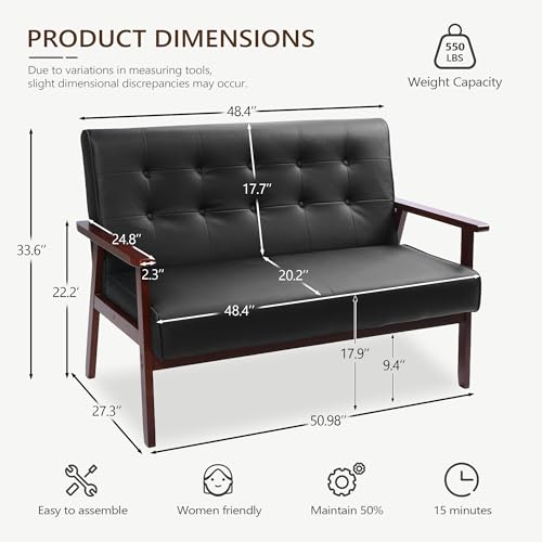 JIASTING 50" W Solid Wood Loveseat Sofa, Upholstered Faux Leather Couch