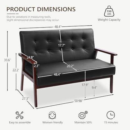 JIASTING 50" W Solid Wood Loveseat Sofa, Upholstered Faux Leather Couch