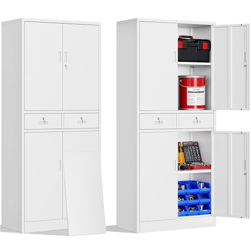 Metal Storage Cabinet with 2 Drawers 71" H,White Metal Garage Cabinets with 2 Lockable Doors and Adjustable Shelves, Locking Cabinet for Home Office,Pantry,Garage,Warehouse - color: White, size: 71"H&2 Drawers