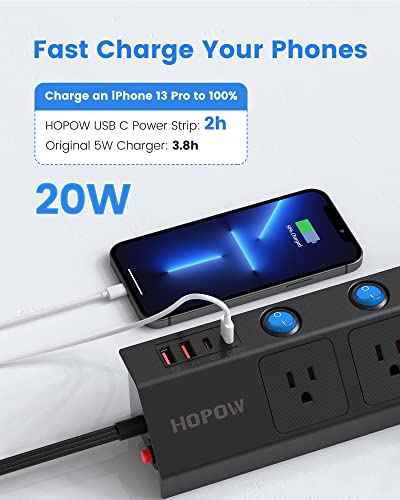 HOPOW 10 Ft Surge Protector Power Strip, Dual Layer Desk Clamp Power Strip & PD 20W USB C Flat Plug Power Strip with Individual Switches, for Home Office, Black