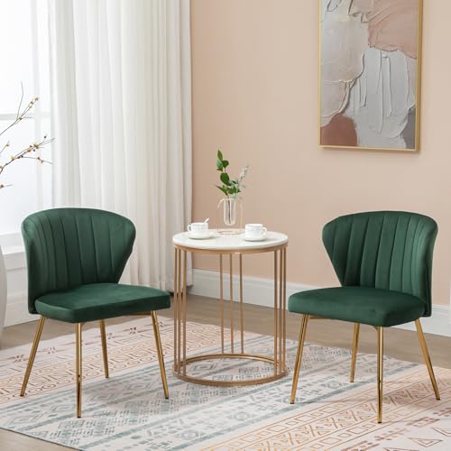 Velvet Dining Chairs Set of 2, Modern Upholstered Vanity Chairs with Golden Metal Legs for Dining Room Kitchen Vanity Patio (Green) - color: Green