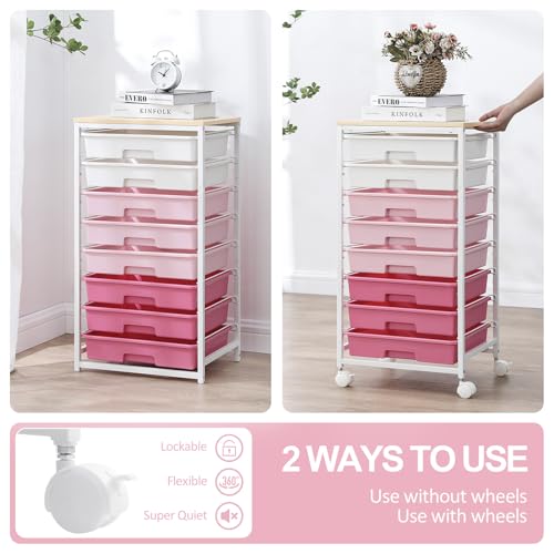 SYKIARIOL Rolling Cart with Drawers,Utility Cart with 8 Drawers,Rose Pink - color: Rose Pink