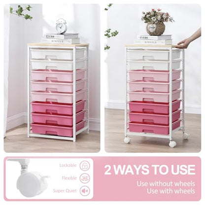 SYKIARIOL Rolling Cart with Drawers,Utility Cart with 8 Drawers,Rose Pink - color: Rose Pink