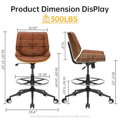 Drafting Office Chair Ergonomic Executive Computer Standing Desk Chair with Adjustable Height and Footrest Ring, Drafting Chair for Counter Height Desk and Drawing (Brown) - color: Brown