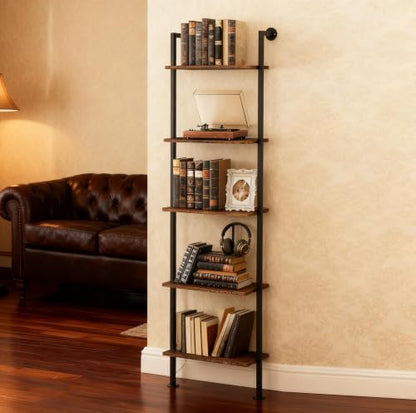 5-Tier Bookshelf,Solid Wood Narrow Bookcase Set of 1,Wall Mount Ladder Shelf,Wooden Storage Shelves for Bedroom,Home Office,Living Room,Dark Brown - color: Solid Wood Dark Brown-1pc