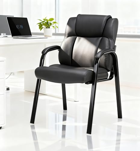 CLATINA Black Guest Chair with Arms, Office Reception Chairs for Conference and Waiting Room, Ergonomic Leather Visitor Desk Chair No Wheels Side Office Home Chairs - color: Black, size: 1PK