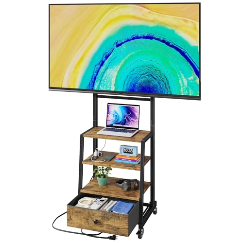 Rolling TV Stand with Wheels and Mount & Fabric Drawer for 32-75" TV - Entertainment Center with Power Outlet and Small TV Stand for Bedroom, Living Room - 18" Rustic Brown (VESA 600mm × 400mm) - color: Rustic Brown, size: 18"W (for 32-75" TV)