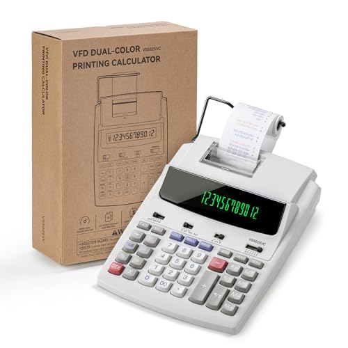 VUSIGN 12-Digit Desktop Printing Calculator with Tape Print Out, Adding Machine with Fluorescent Display, 10 Key Calculator with Clock and Calendar, Accounting Business Finance
