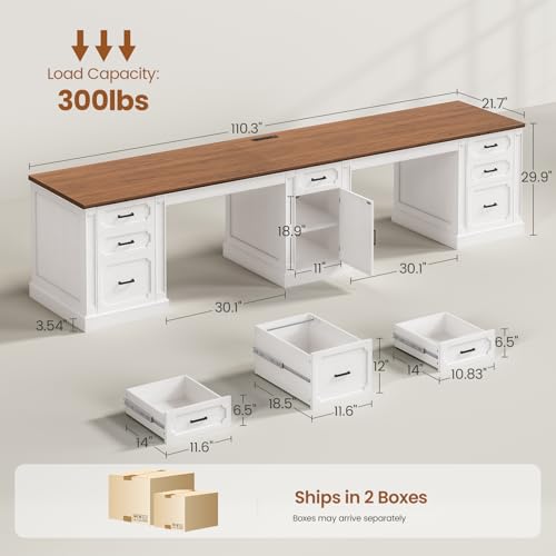 SEDETA Farmhouse 110.3" Two Person Desk with 7 Drawers, Long Computer Desk with Storage Cabinet, 2 Person Desk with Power Outlets for Home Office, White+Brown - color: White+brown, size: 110.3" Two Person Desk